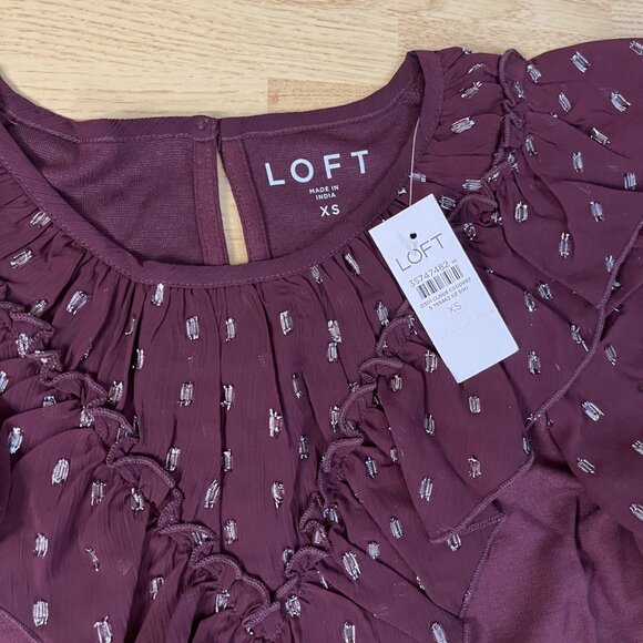 NWT LOFT Shimmer Ruffle Yoke Top Burgundy - Picture 5 of 7